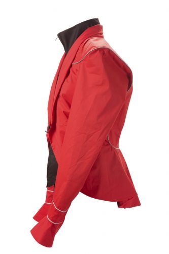 Side studio shot of red Hustle & bustle rain jacket