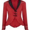 Elegant red tailored rain jacket, front view